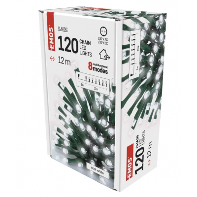 Lampki choinkowe 120 LED 12m zimna biel, zielony przewód, 8 programów, IP44 D4AC08 EMOS (D4AC08)